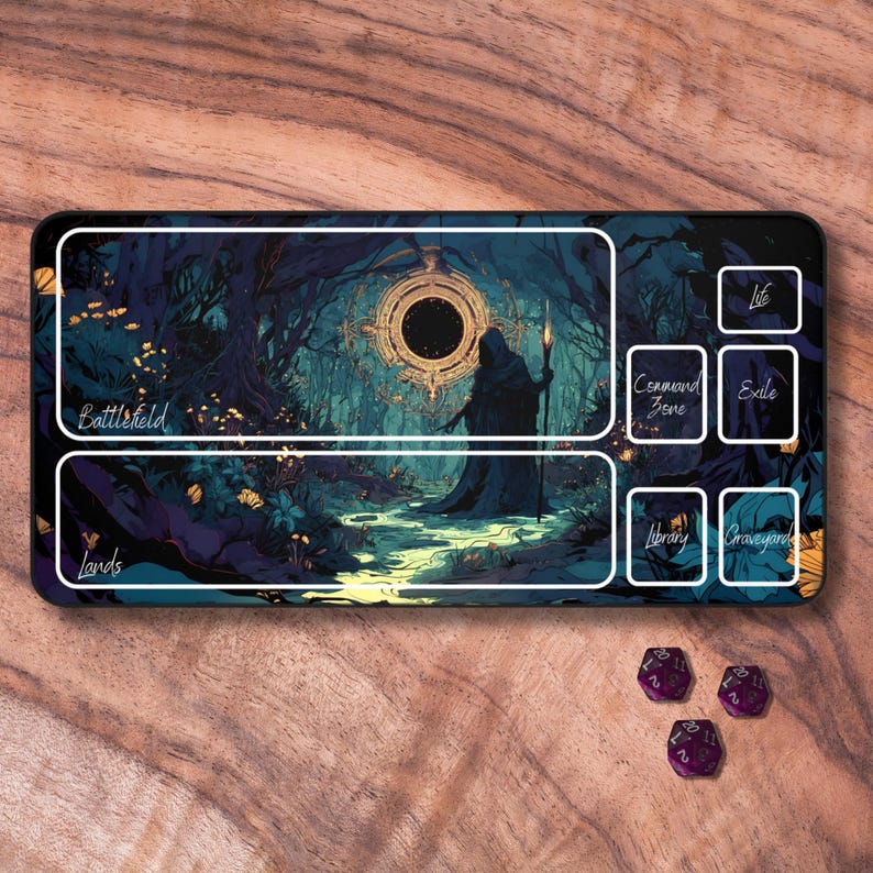 May include: A black and white gaming mat with a dark blue and green forest scene. The mat has a white border and includes sections for "Battlefield", "Lands", "Command Zone", "Library", "Graveyard", "Exile", and "Life".