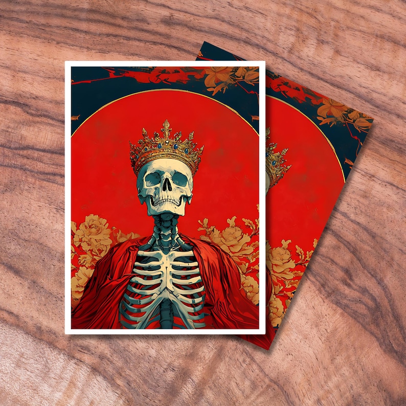 May include: A skeleton wearing a gold crown and a red robe, with a red and gold background. The skeleton is surrounded by flowers.
