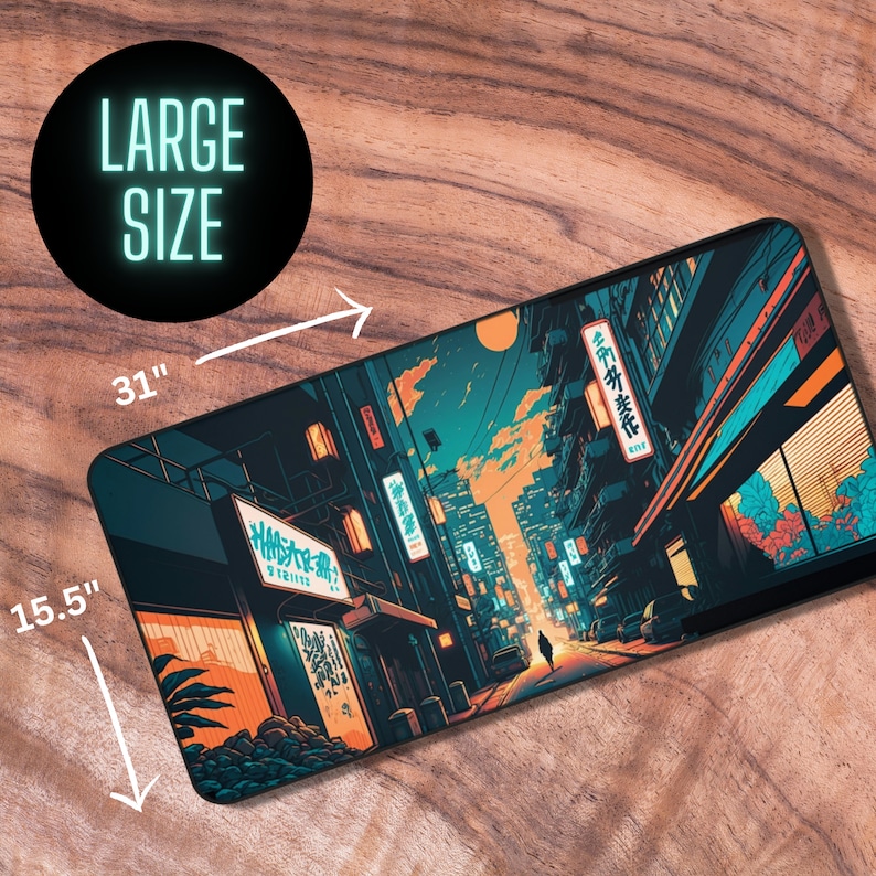 May include: A large size mousepad featuring a colorful illustration of a city street at night with Japanese text. The street is lined with buildings and streetlights. The mousepad measures 31 inches by 15.5 inches.