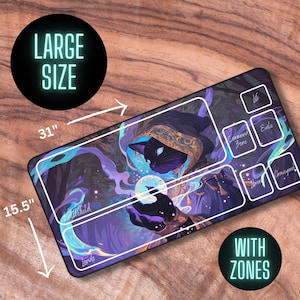 May include: A large, 31" x 15.5" purple and blue gaming mat with a black cat illustration. The mat has designated zones for "Life", "Exile", "Command Zone", "Library", "Graveyard", "Battlefield", and "Lands".