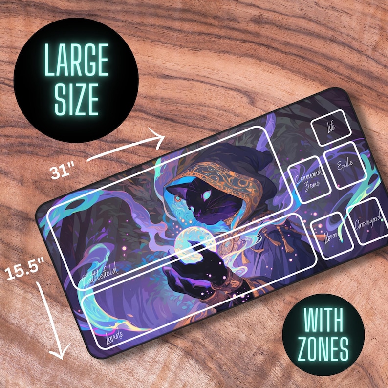 May include: A large, 31" x 15.5" purple and blue gaming mat with a black cat illustration. The mat has designated zones for "Life", "Exile", "Command Zone", "Library", "Graveyard", "Battlefield", and "Lands".