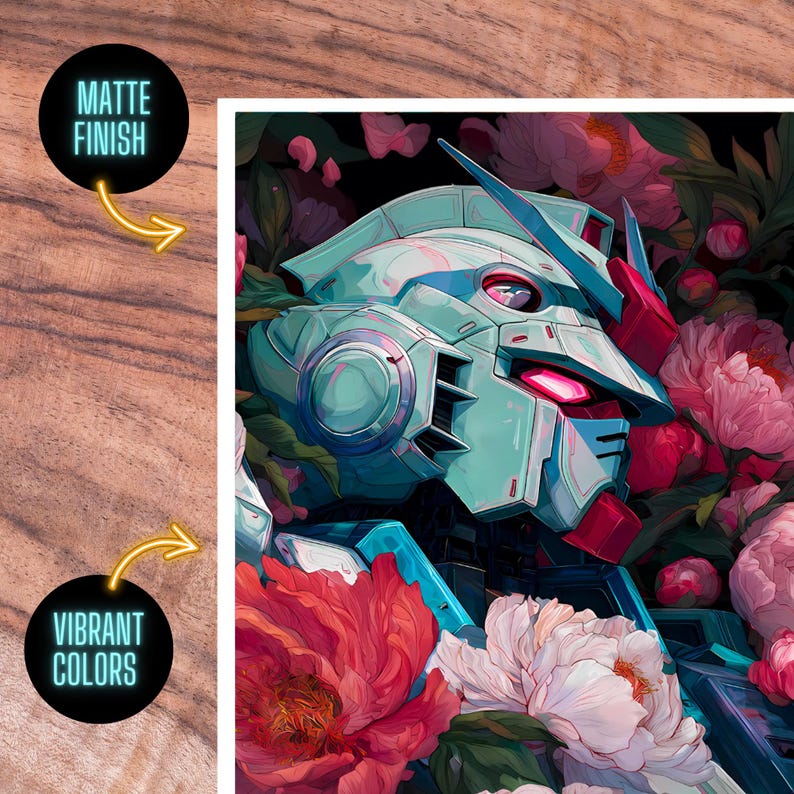 K&ouml;nnte beinhalten: Digitaler Kunstdruck mit einem t&uuml;rkis-roten Roboterkopf, umgeben von rosa und wei&szlig;en Blumen. Das Bild hat eine matte Oberfl&auml;che und lebendige Farben, wie durch den Text auf den schwarzen Kreisen angezeigt. Das Kunstwerk ist eine Fusion aus Mecha- und floralen Elementen.