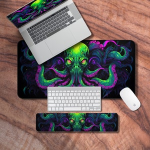 Desk Mat Cthulhu, Neon Gaming Desk Mat, Monster Themed Mouse Pad, Deskmat Green, Desk Mat Fantasy, Neoprene Gaming Mat, Gifts for Gamers