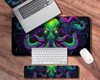 Desk Mat Cthulhu, Neon Gaming Desk Mat, Monster Themed Mouse Pad, Deskmat Green, Desk Mat Fantasy, Neoprene Gaming Mat, Gifts for Gamers