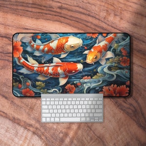 Tapis de bureau poissons koi, tapis de bureau gaming japonais, tapis de souris bleu XXL, tapis gaming en néoprène, tapis de clavier japonais, cadeau de départ d'un collègue