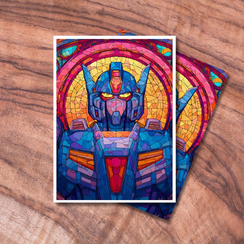 May include: A colorful art print featuring a robot design in a stained-glass style. The robot is primarily blue with red and orange accents, set against a yellow and pink background. The artwork has a mosaic appearance.