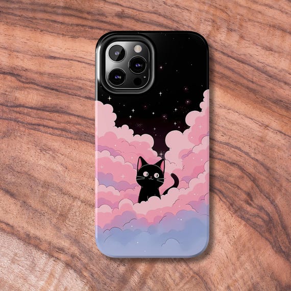 Tough Phone Case for iPhone or Samsung, Cute Cat Phone Cover, Anime Sky Hardshell, Gift for Cat Lovers