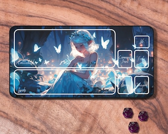 May include: A fantasy-themed playmat with a blue and white illustration of a fairy sitting in a forest. The playmat has sections labeled "Battlefield", "Lands", "Command Zone", "Library", "Graveyard", and "Exile".