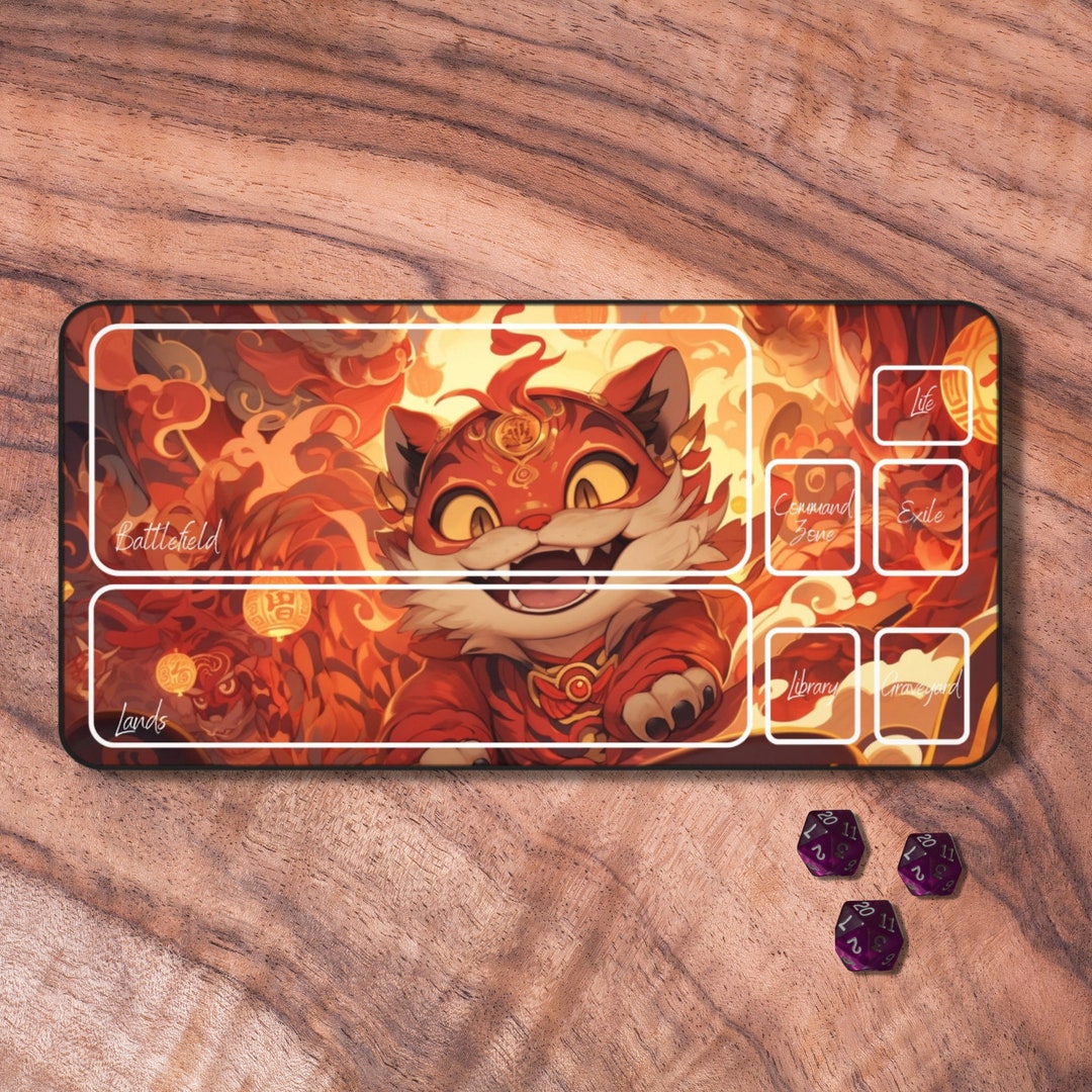 MTG Playmat Cat, Japanese Themed MTG Playmat With Zones, Orange Trading