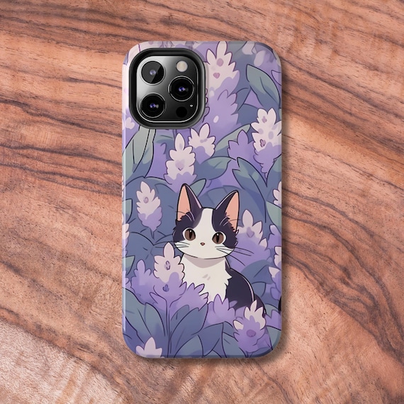 Cute Cat Floral Tough Phone Case, Durable Phone Cover for iPhone or Samsung, Cat Lover Gift, Pastel Purple Hard Shell Protector