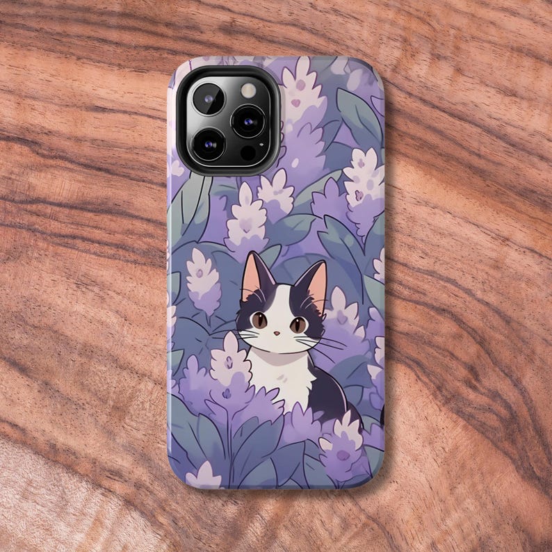 May include: A black and white cat peeks out from behind a field of purple flowers. The cat has white fur on its chest and a black nose. The phone case is designed with a floral pattern.