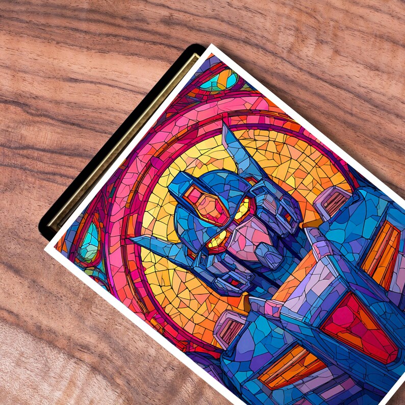 May include: A colorful art print featuring a robot design in a stained-glass style. The robot is primarily blue with red and yellow accents, set against a backdrop of vibrant pink, orange, and yellow hues. The artwork is on a white background.
