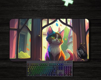 Tappetino da scrivania Kawaii, tappetino da gaming con gatto, tappetino per mouse grande a tema giapponese, tappetino per tastiera anime, regalo per giocatori
