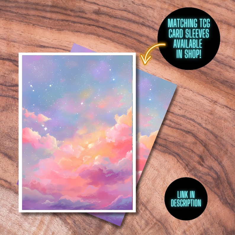 K&ouml;nnte beinhalten: Eine digitale Illustration eines rosa, lila und blauen Himmels mit wei&szlig;en Wolken und Sternen. Der Himmel ist in einem weichen, vertr&auml;umten Stil gemalt.