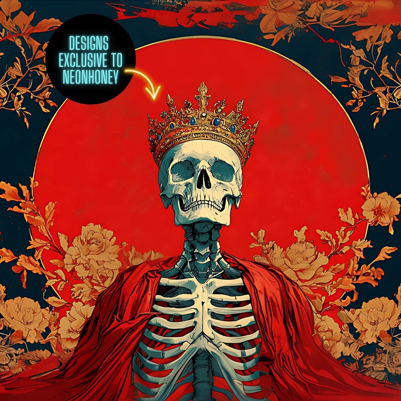 May include: A skeletal figure wearing a red robe and a gold crown with blue jewels. The figure is set against a red circle with a dark blue background and floral accents.