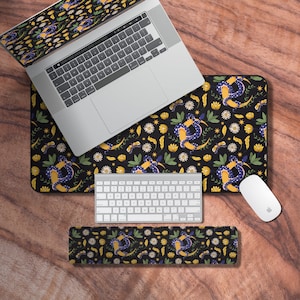 Desk Mat Witchy, Celestial Moon Mouse Pad, Floral and Snake themed Laptop Mat, Witchy Gifts for Her, Dark Academia Desk Decor