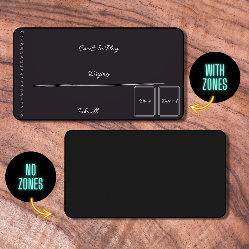 May include: Two black playmats for tabletop games. One mat has a numbered scale, a section for cards in play, a drying area, an inkwell, and two card zones labeled "Draw" and "Discard". The other mat is blank. The mat with zones has a circle with the text "WITH ZONES" in neon green. The blank mat has a circle with the text "NO ZONES" in neon green.