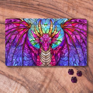 MTG-speelmat, MTG-speelmat draak, glas-in-lood ruilkaartspel-speelmat, roze neopreen kaartspeelmat, MTG-accessoires, cadeaus voor gamers