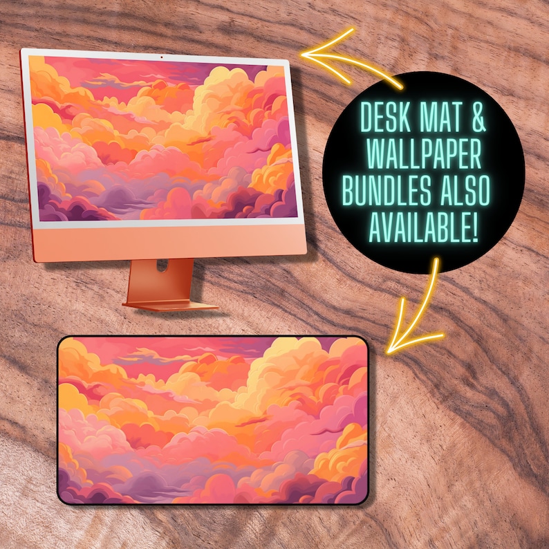 Puede incluir: Un monitor de computadora y una alfombrilla de escritorio con un dise&ntilde;o abstracto colorido de nubes rosas, naranjas y amarillas. El texto "DESK MAT & WALLPAPER BUNDLES ALSO AVAILABLE!" se muestra en un c&iacute;rculo negro con un contorno verde ne&oacute;n.