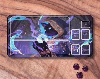 MTG Playmat with Zones, Cat Sorcerer Themed TCG Playmat, Unofficial MTG Playmat, Trading Card Game Accessories, Gifts for Gamers