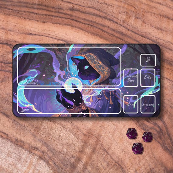 MTG Playmat with Zones, Cat Sorcerer Themed TCG Playmat, Unofficial MTG Playmat, Trading Card Game Accessories, Gifts for Gamers