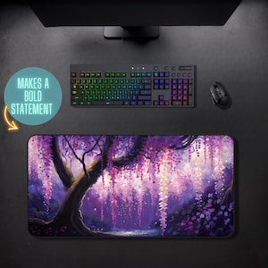 May include: Purple and pink floral mousepad with a large tree and hanging flowers. The mousepad has a dark background and a light purple glow in the center. The text "Makes a Bold Statement" is on a blue circle.