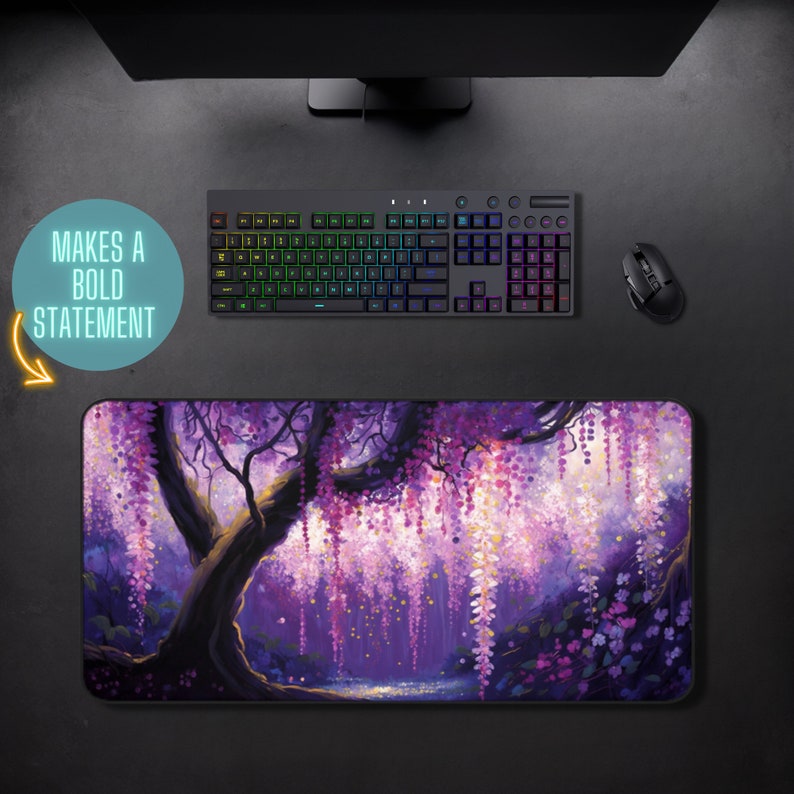 May include: Purple and pink floral mousepad with a large tree and hanging flowers. The mousepad has a dark background and a light purple glow in the center. The text "Makes a Bold Statement" is on a blue circle.
