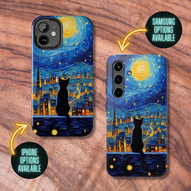 May include: A phone case with a black cat silhouette against a starry night sky with a yellow moon. The case features a painting style reminiscent of Vincent van Gogh's Starry Night.