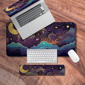 Desk Mat Night Sky, Purple Mouse Pad, Keyboard Wrist Rest, Art Nouveau Laptop Mat, Neoprene Gaming Mat, Cute Desk Accessories