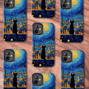 May include: A set of six phone cases featuring a black cat silhouetted against a starry night sky with a yellow moon. The cases are designed with a painterly style and feature a cityscape in the background.