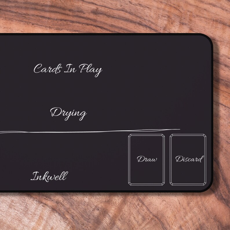 May include: Black playmat with white text and lines. The text reads "Cards In Play", "Drying", "Inkwell", "Draw", and "Discard".
