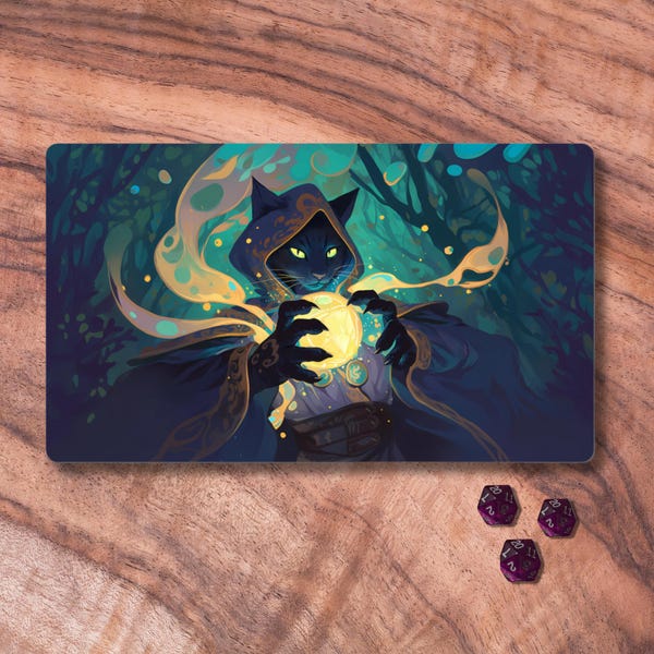 MTG Playmat with Zones, Cat Sorcerer Themed TCG Playmat, Vibrant Neoprene Card Playmat, Trading Card Game Accessories, Gifts for Gamers