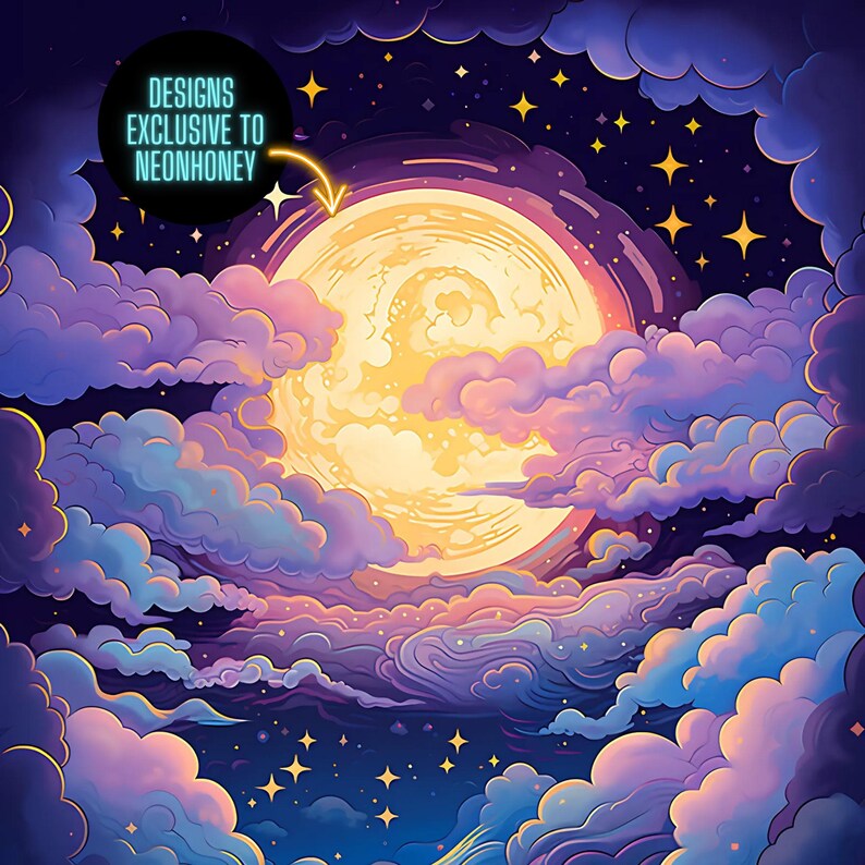 May include: A full moon shines brightly in a night sky filled with stars and clouds. The clouds are a mix of purple, blue, and pink. The moon is surrounded by a halo of light.