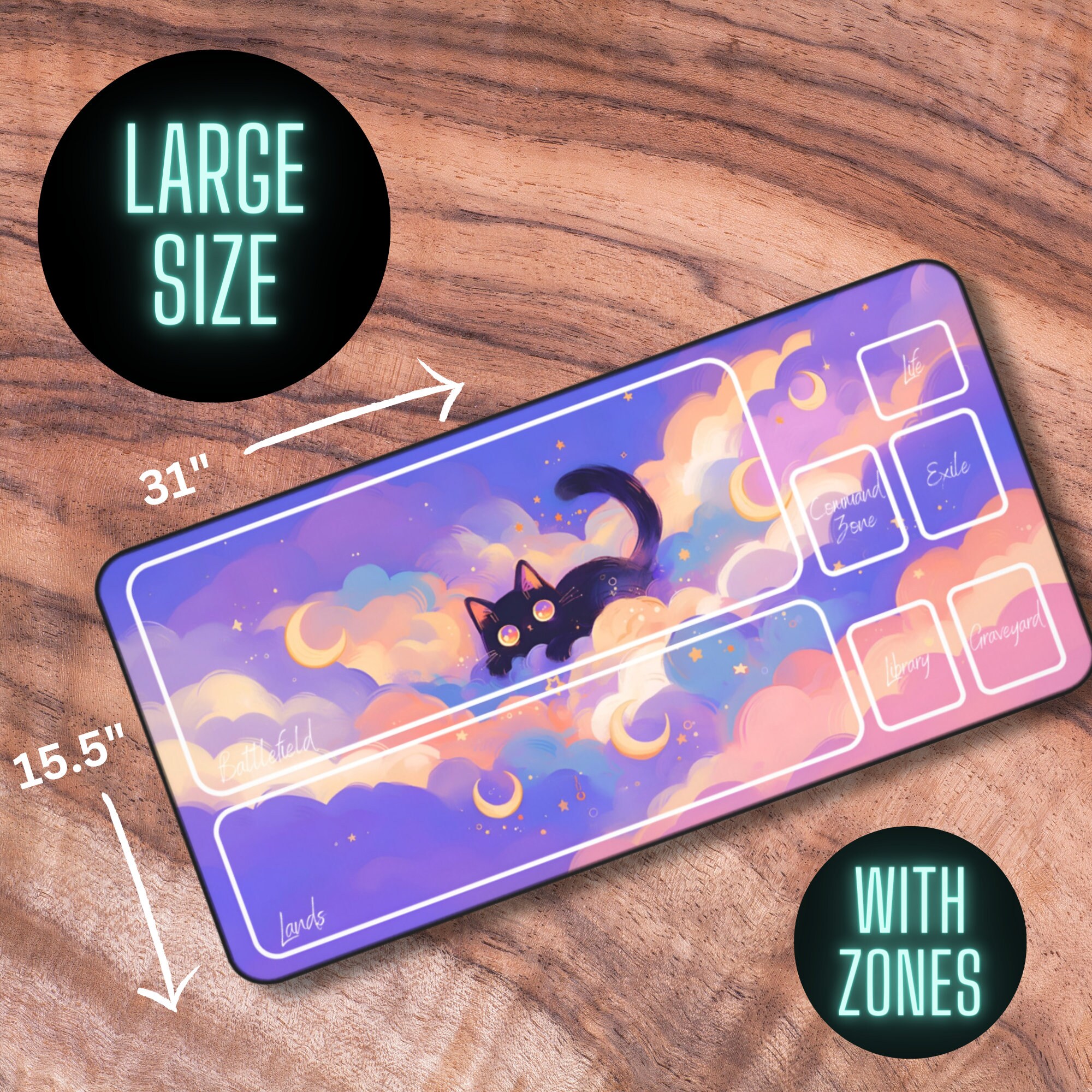 MTGプレイマット 猫、かわいい紫色のTCGプレイマット、ゾーン