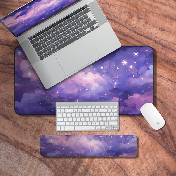 Deskmat Purple, Kawaii Gaming Desk Mat, Giant Desk Mat Pastel, Anime Cloud Laptop Mat, Neoprene Gaming Mat, Kawaii Keyboard Wrist Rest