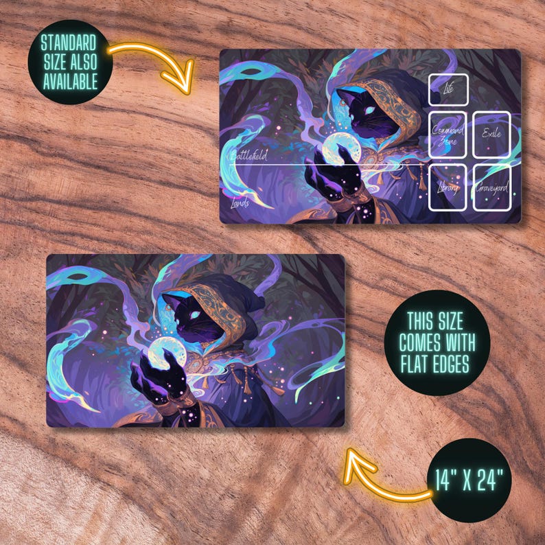 May include: A black cat wearing a purple and gold robe holds a glowing orb. The background is a dark forest with swirling blue and purple smoke. The image is a playmat for a tabletop game with a battlefield, lands, graveyard, and exile zones.