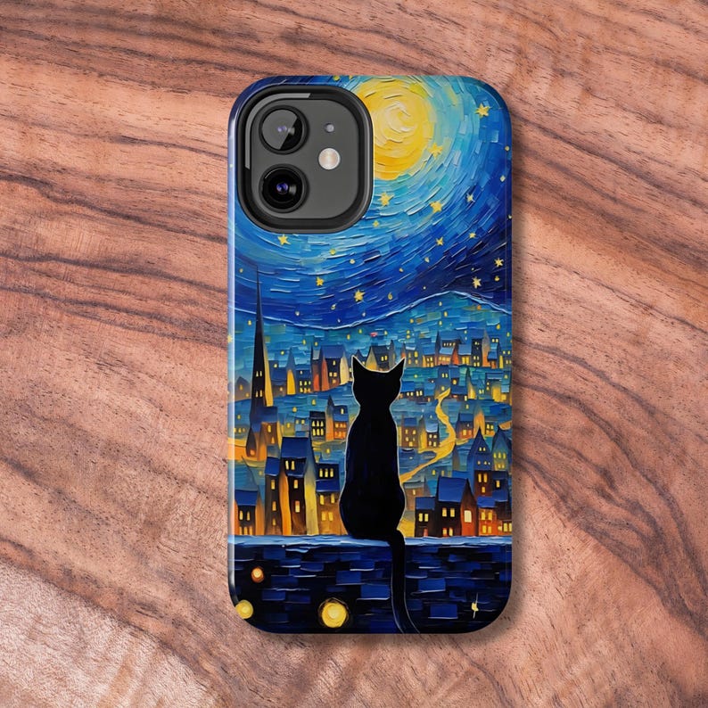 May include: A black cat silhouette sits on a rooftop overlooking a city skyline at night. The sky is a vibrant blue with a yellow moon and white stars. The city lights are a warm yellow.