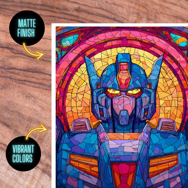 May include: A vibrant, stained-glass style illustration of a robot's face, featuring a blue and purple color scheme with orange and red accents. The image has a matte finish and vibrant colors, as indicated by the text on the image.