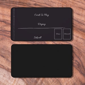 May include: Black and white printable game board with the text "Cards In Play", "Drying", "Inkwell", "Draw", and "Discard".