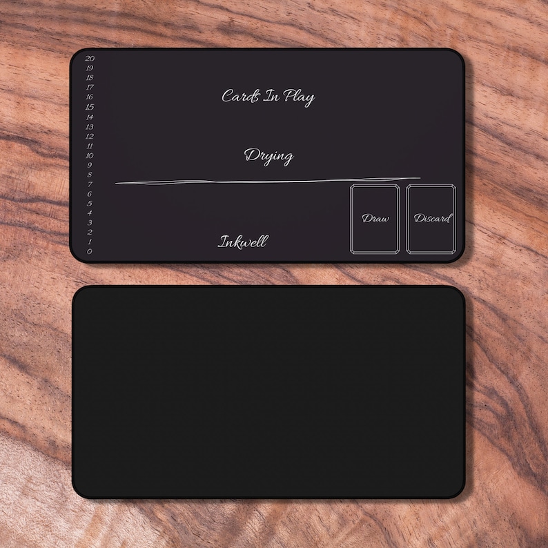 May include: Black and white printable game board with the text "Cards In Play", "Drying", "Inkwell", "Draw", and "Discard".