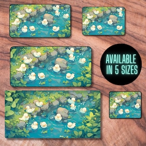 May include: A digital illustration of a stream with white ducks swimming in the water. The stream is surrounded by green foliage and rocks. The text "AVAILABLE IN 5 SIZES" is in a circle at the top of the image.