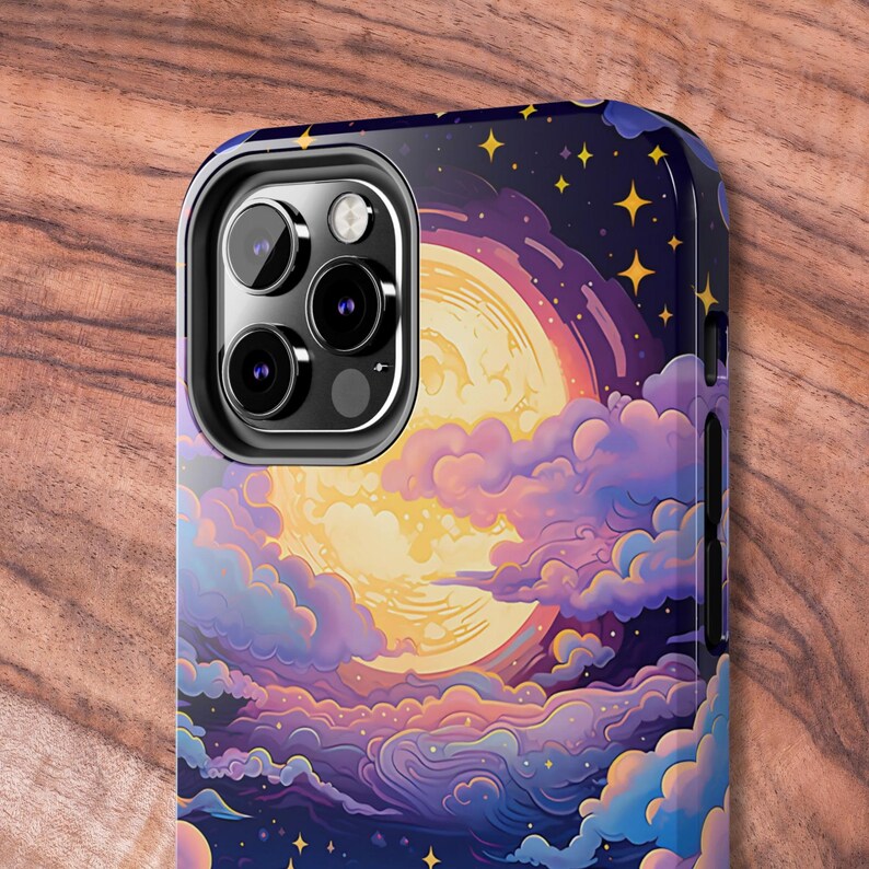 May include: A phone case featuring a colourful illustration of a moon, clouds and stars. The case has a cut-out for the phone's camera.