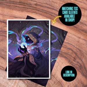 May include: A black cat wearing a purple and gold robe with a glowing orb in its paw. The cat is surrounded by swirling purple and blue smoke. The background is a dark forest.