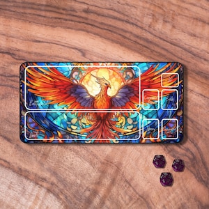 Tapis de jeu MTG avec zones, tapis de jeu JCC sur le thème Pheonix, tapis de jeu cartes en vitrail, cadeaux pour les joueurs
