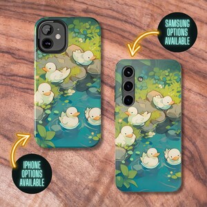 May include: A phone case with a design of white ducks swimming in a blue pond with green foliage. The case is available for both iPhone and Samsung phones.