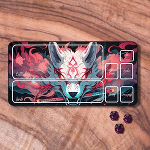 Tapis de jeu MTG japonais, tapis de jeu MTG sur le thème des samouraïs avec zones, tapis de jeu de jeu de cartes à collectionner Kitsune, accessoires MTG, cadeaux pour les joueurs