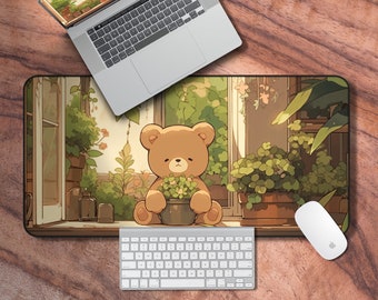 Lofi Desk Mat, Plant themed Gaming Mouse Pad, Cute Anime Deskpad, Cozy Gamer Themed Desk Mat, Gifts for Gamers, Aesthetic Desk Decor