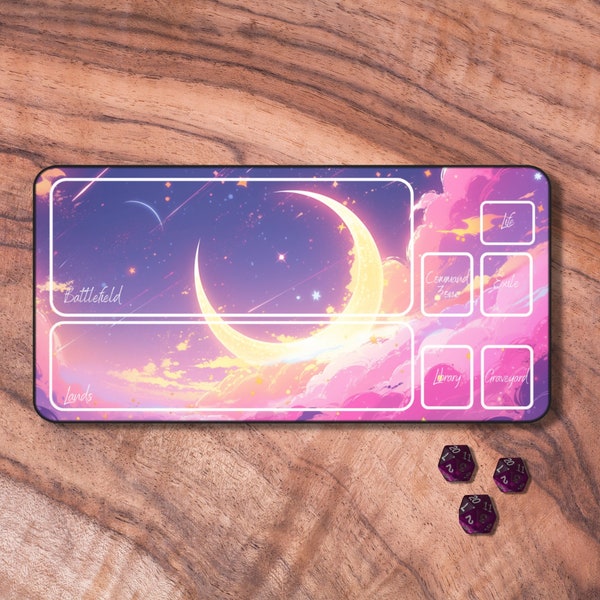 MTG Playmat with Zones, Pretty Pink Anime Card Playmat, Moon Themed TCG Playmat, Gifts for Gamers