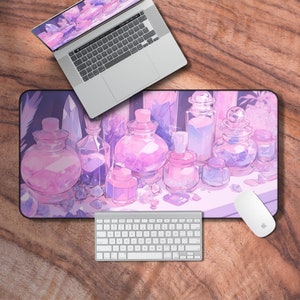 Lofi Desk Mat, Cute Witchy Mouse Pad, Pink Pastel Gaming Desk Mat, Aesthetic Gamer Girl Accessories, Kawaii Desk Decor
