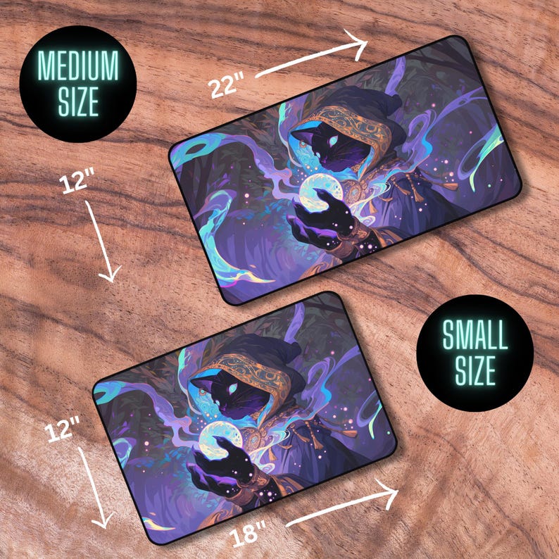May include: Two different sizes of a mousepad featuring a black cat wearing a purple robe and holding a glowing orb. The larger mousepad is 22 inches by 12 inches, and the smaller mousepad is 18 inches by 12 inches.